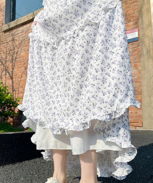 フリルティアード 小花柄 ロングスカート レディース ティアードスカート きれいめ 体型カバースカート着やせ 大人可愛い新作ハイウエストスカート 裏地付きスカート 98JLIY-001